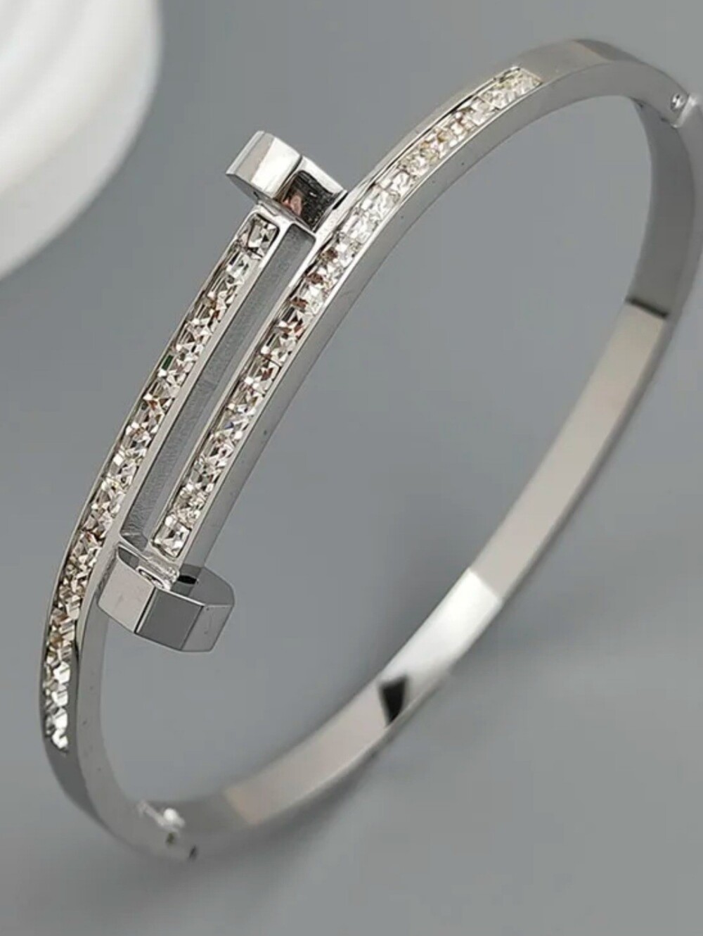 18k Gold Plate Steel Nail Crystal Bangle Set - Size 5.5"